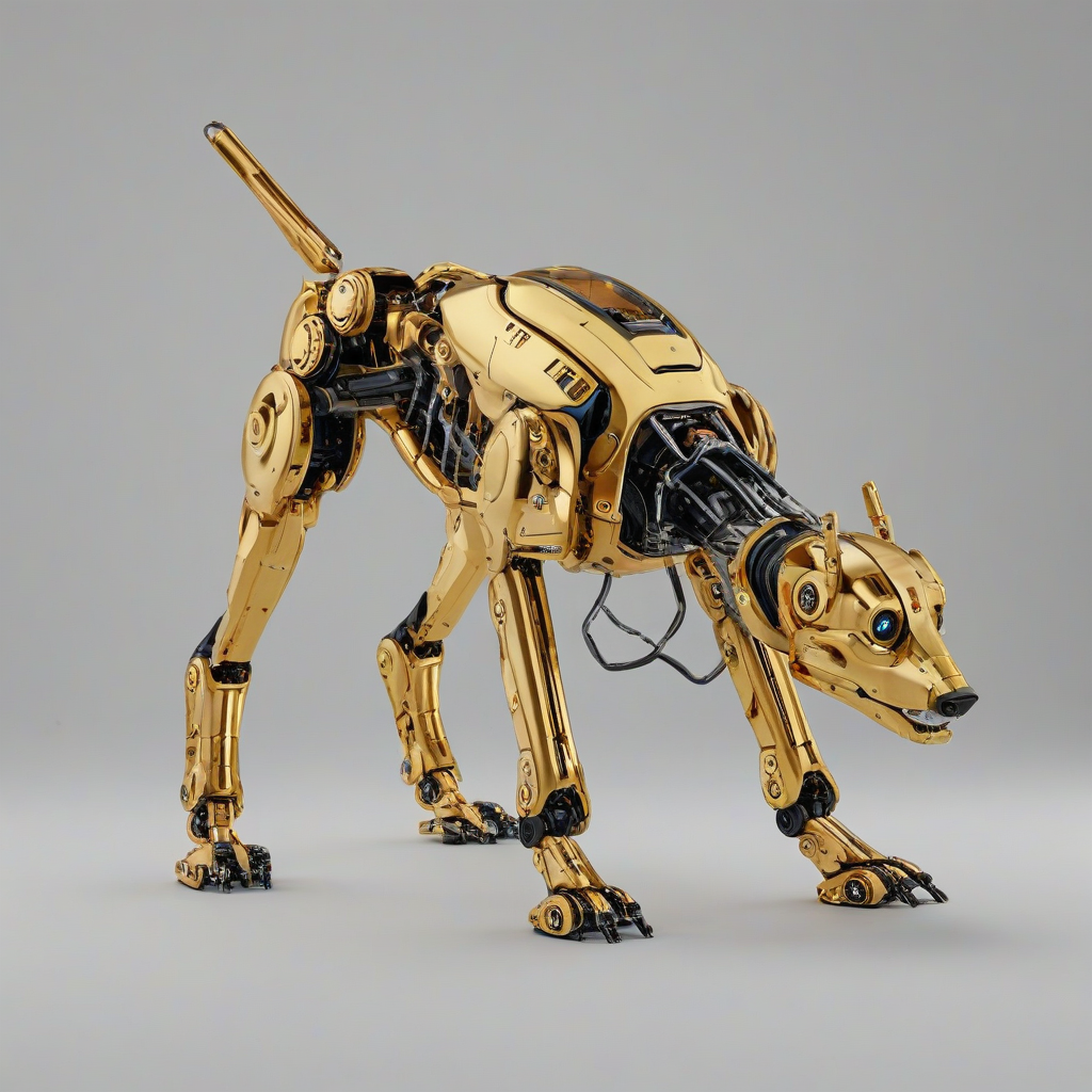 Gold robotic dog, full-body view, plain white background, sci-fi style