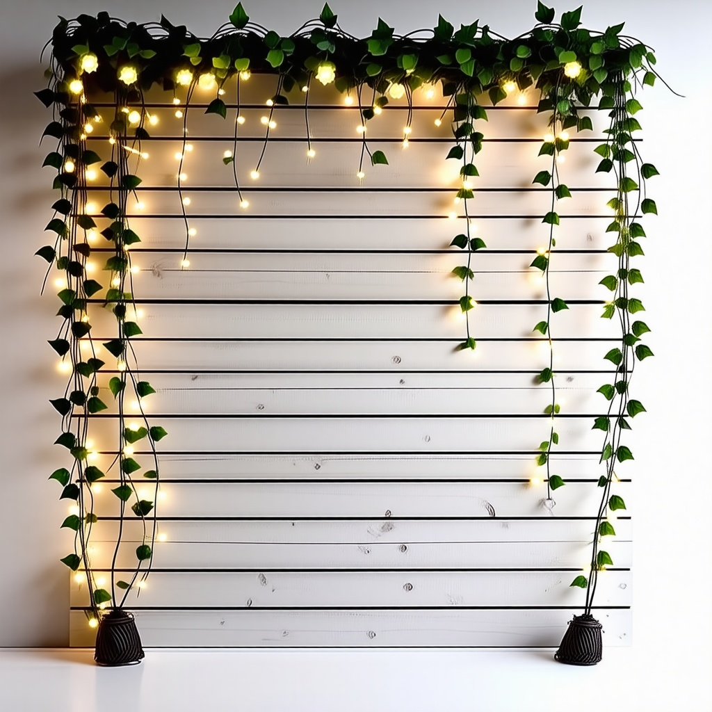A wooden wall decorated with fake vines and fairy lights