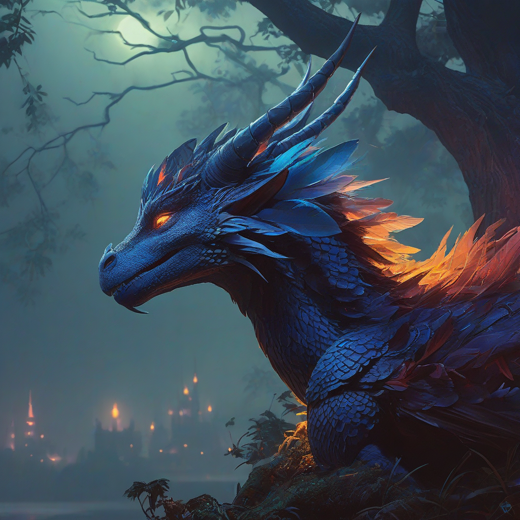 Vibrant tiny dragon, profile view, crown of horns, regal, ethereal, iridescent feathers, perched in a tree at night, misty atmosphere, magical fiery glow coming from its throat, Syd Mead and anime art styles