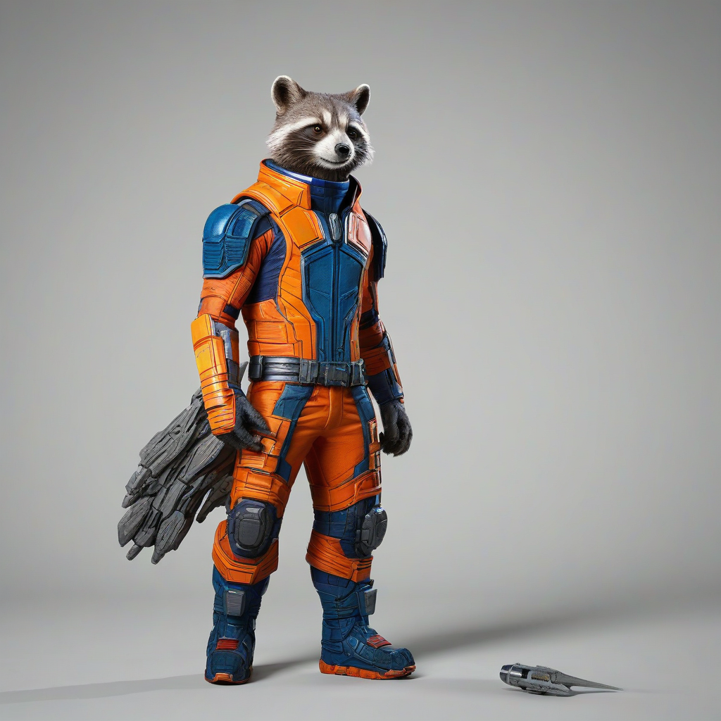 3d hand-drawn style of Rocket from Guardians of the Galaxy, bold lines, vivid colors, full body visible,, on a plain white background, even lighting