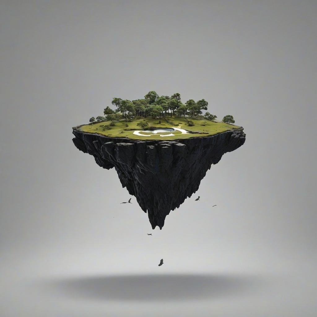 A photorealistic, black, floating island, with a wide shot, full-body view, set against a plain white background, with dynamic shadows and a hard rim light, in a cinematic style, with a bird’s eye view perspective, on a plain white background, even lighting 