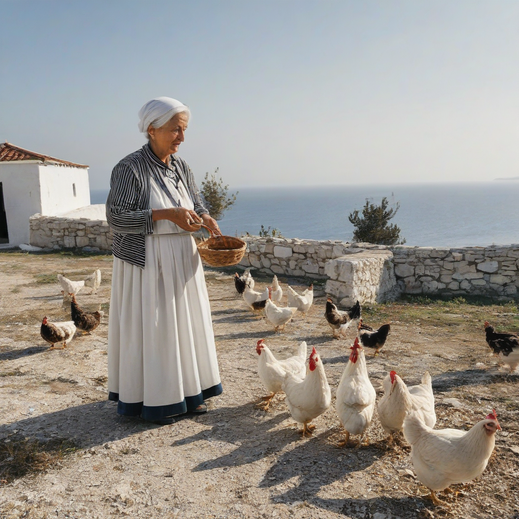 old Greek woman in traditional clothing, feeding chickens in a yard with a wide view of the ocean behind her, full-body view, plain white background