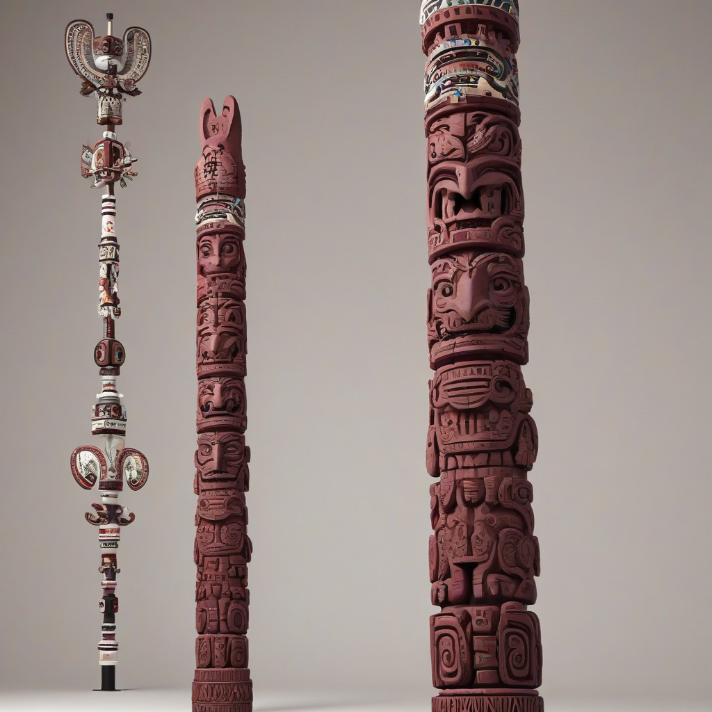 A maroon-colored totem pole, tall and majestic, with intricate carvings of various animals and symbols, set against a plain white background, in a wide shot with the base of the pole visible, created in a digital art style with bold lines and vibrant colors, with a sense of industrial texture and grit