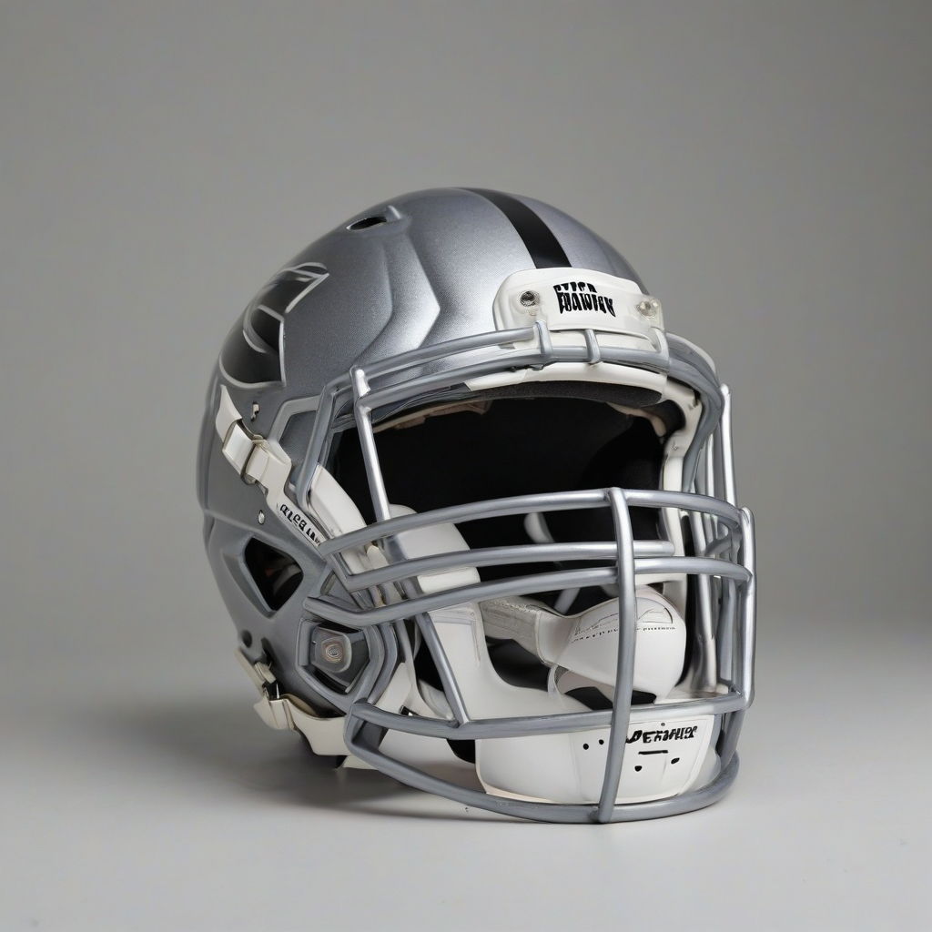 A football helmet, full-body view, on a plain white background, with a metallic silver finish, and a black facemask, in a wide shot, with the helmet facing directly forward, and the brand logo visible on the side, on a plain white background, even lighting 