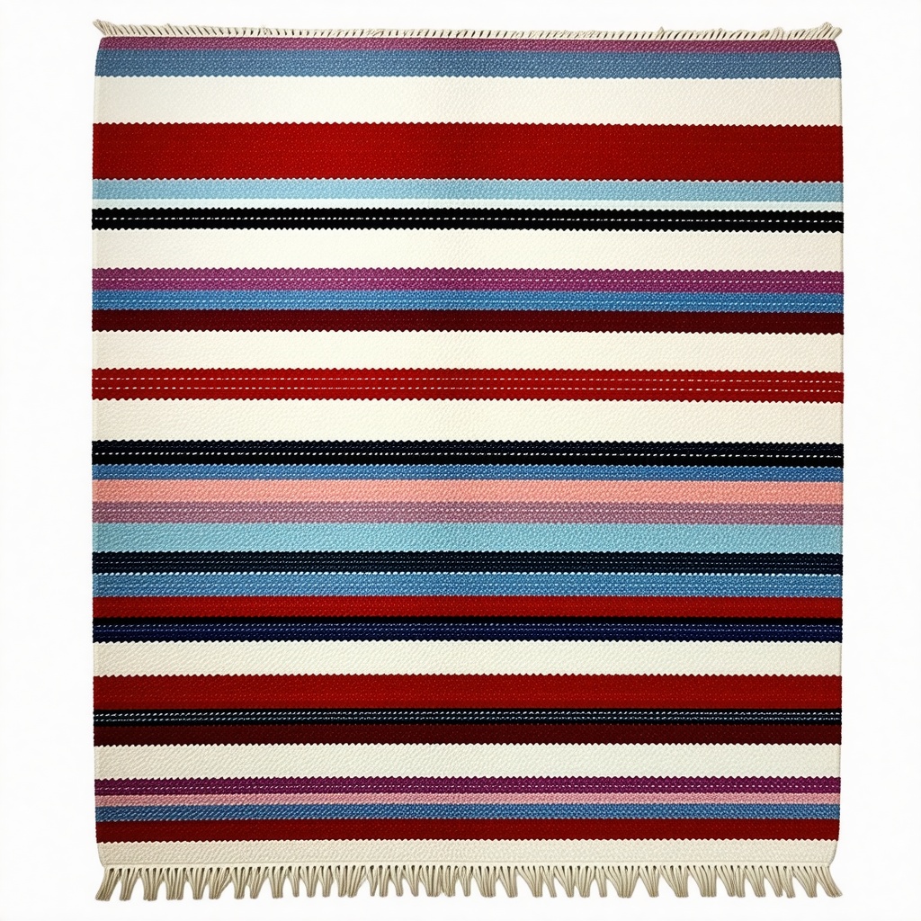 A shaggy rug with stripes of varying shades of red, blue, and purple on it