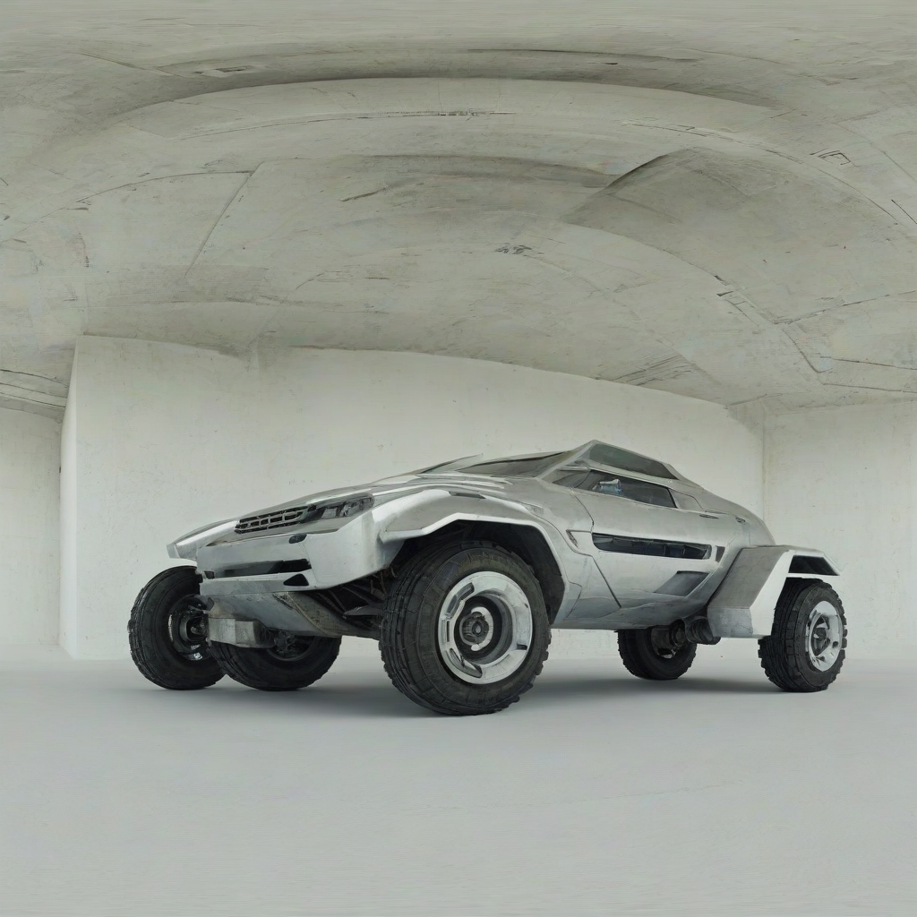 A silver rover with a brutalist architectural style, featuring sharp edges and a geometric shape, set against a plain white background, with a wide shot and the rover's wheels and body fully visible, in a digital art style with a mix of 3D rendering and abstract textures, with a focus on dynamic shadows and a sense of industrial futurism, on a plain white background, even lighting