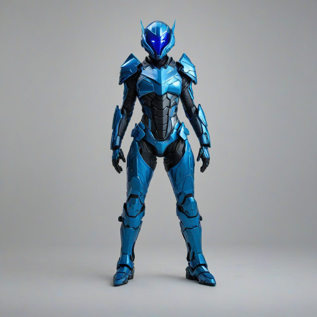 Full-body view of a blue futuristic armor, concept art style, on a plain white background, on a plain white background, even lighting 