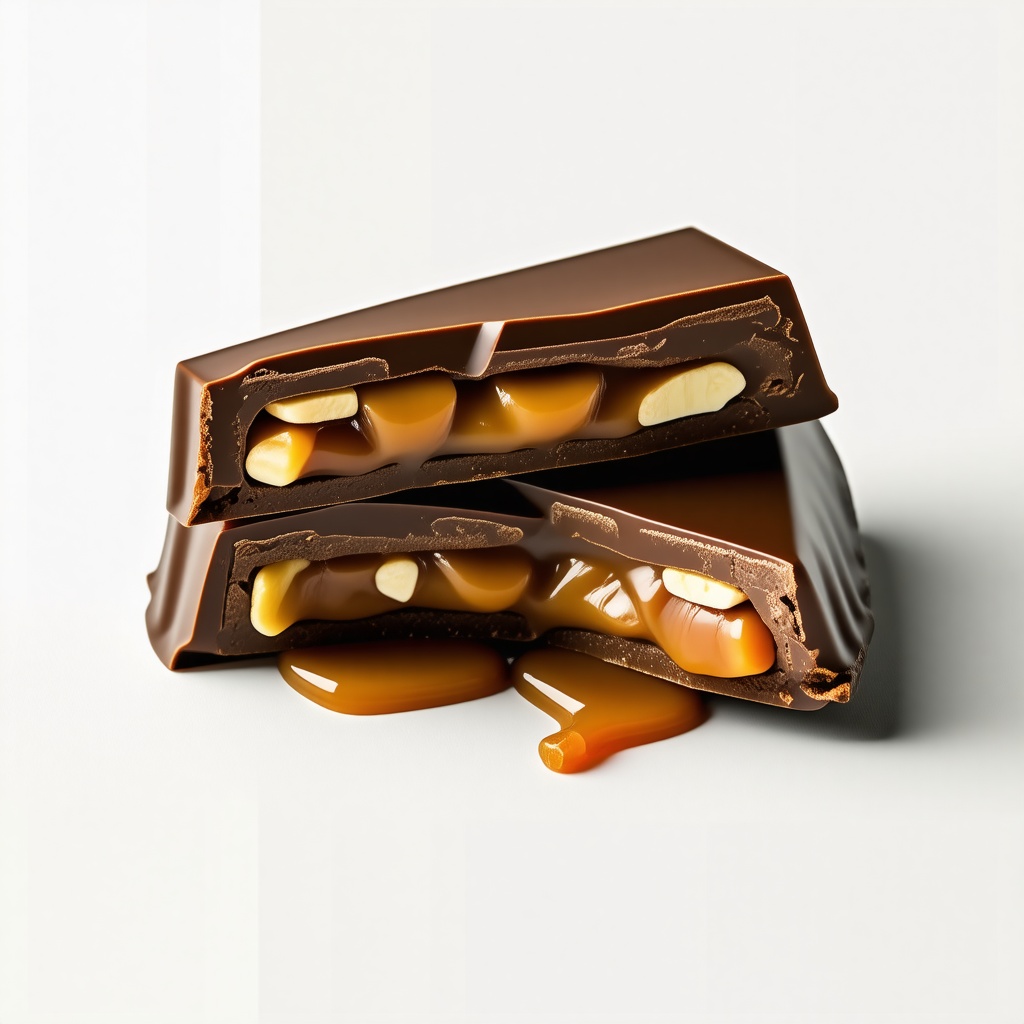 A full-body view of a Snickers bar cut in half on a plain white background, with the inside of the bar visible, and a string of caramel connecting the two halves, with a close-up shot to emphasize the caramel and the nuts, in a photography style with a soft, natural light and a slight blur effect to highlight the texture of the caramel and the chocolate