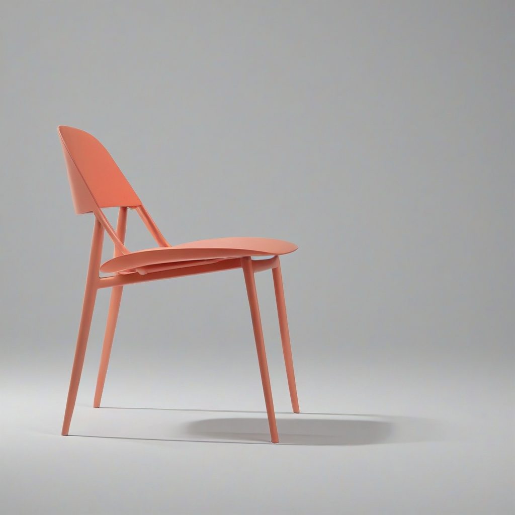 A modern, coral-colored, minimalist chair with clean lines and a low-back design, no background, single chair in image, on a plain white background, even lighting