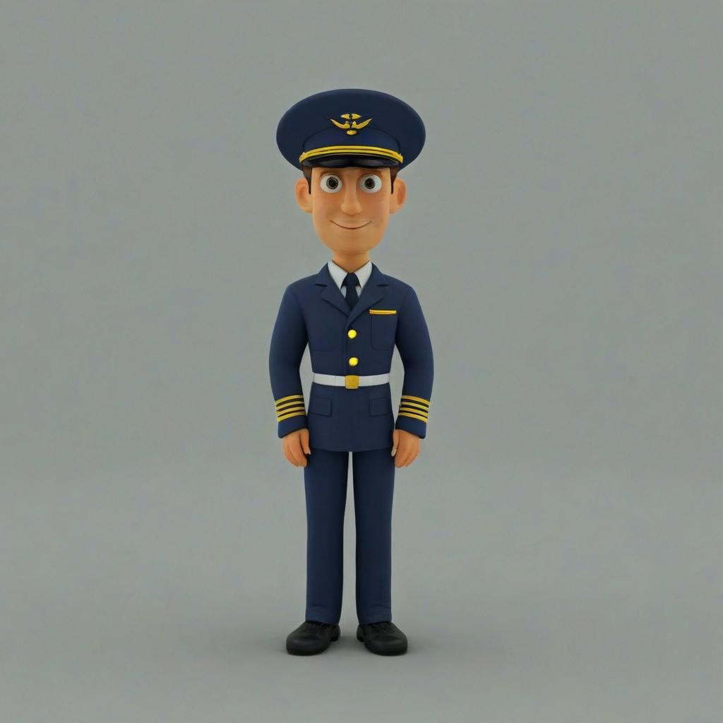 A 3D cartoon animation of a male airplane captain wearing a pilot's uniform, including the hat, with a full body view, large eyes, rounded features, on a plain white background, even lighting