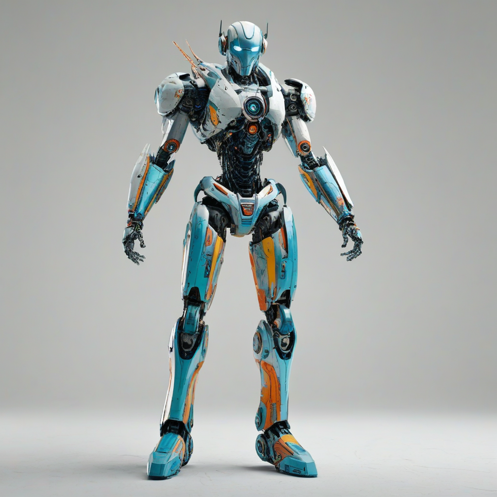 Vibrant modern art painting of a full-body view of a futuristic robot on a plain white background, wide shot, digital art style