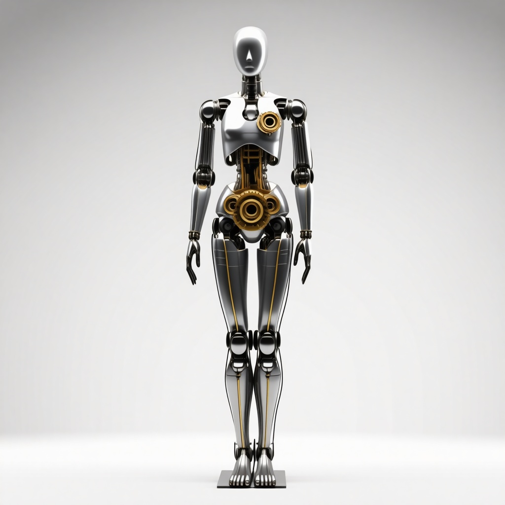 a full body mechanical mannequin made out of gears, electrical wires, sheets of metal, and lightbulbs