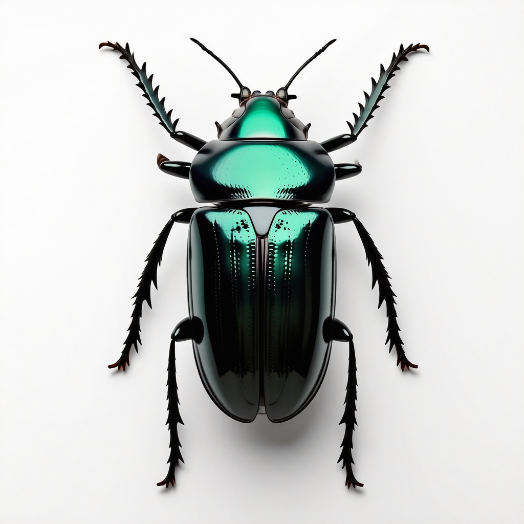 A full-body view of a rose chafer beetle, also known as a rose insect, with a shiny green back and a metallic sheen, on a plain white background, in a wide shot, with its legs and antennae visible, in a Gothic style with intricate details and dark accents, with a sense of mysticism and romance, in a digital art style with bold lines and vibrant colors