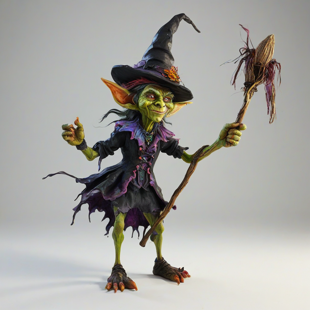 A full-body view of a witch goblin in a whimsical, hand-painted style, with vibrant colors and bold brushstrokes, set against a plain white background, with the witch goblin's feet visible, wearing a pointed hat and holding a wooden staff, in a wide-angle shot with soft, dynamic lighting and subtle shadows, on a plain white background, even lighting