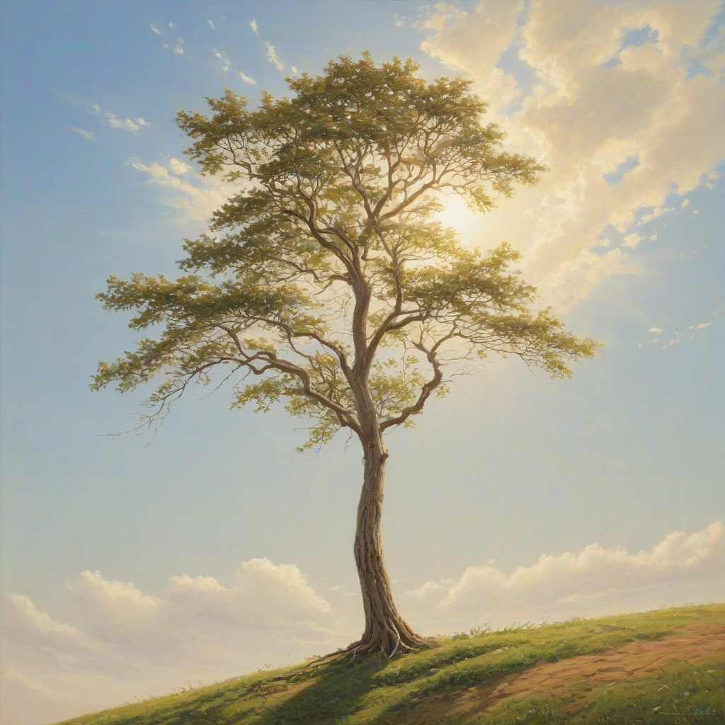 A beautiful, serene painting of a lone tree on a hill, full-body view, wide shot, with visible roots and branches, set against a clear blue sky with a few puffy white clouds, warm sunlight casting a gentle glow, oil painting style, high level of detail, on a plain white background