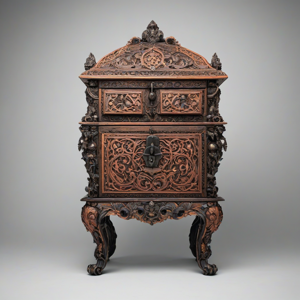 A intricately carved, old, mysterious chest, with a dark fantasy style, peach-colored accents, ornate details, and a wide shot, full-body view, on a plain white background, with dramatic lighting and dynamic shadows, on a plain white background, even lighting