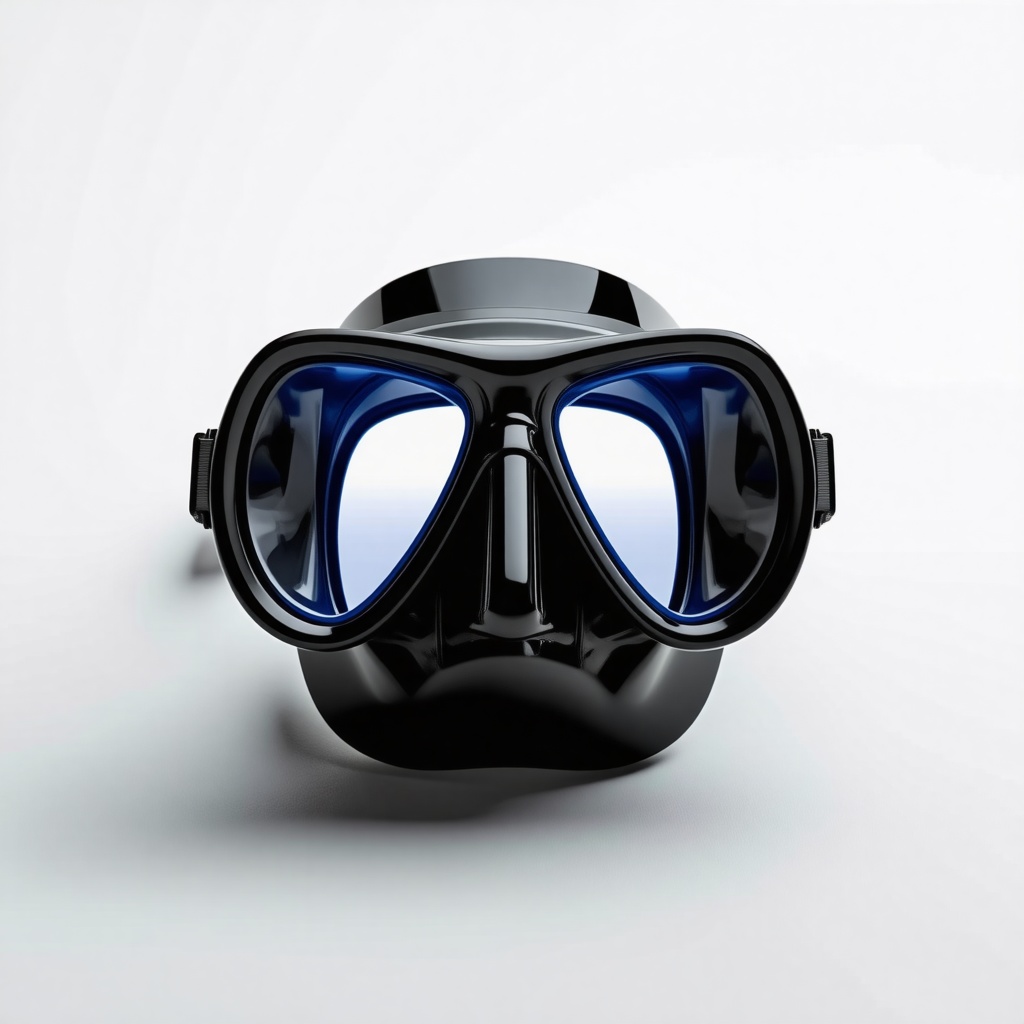 A black scuba mask with blue tinted plastic