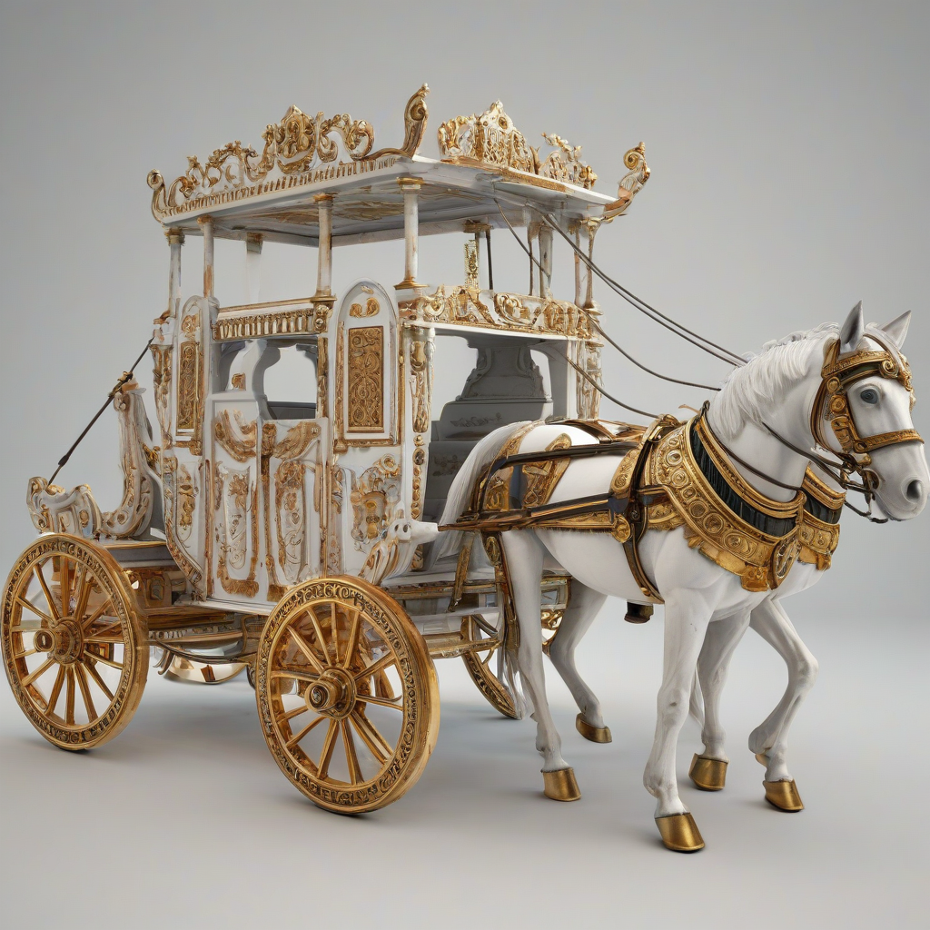 A highly detailed, ancient Greek chariot, in a wide shot, with a plain white background, featuring intricate carvings and gold accents, with the wheels and chassis prominently visible, in a digital art style with vibrant colors and dynamic lighting, with the chariot's horses and reins included, full-body view of the chariot, on a plain white background, even lighting 