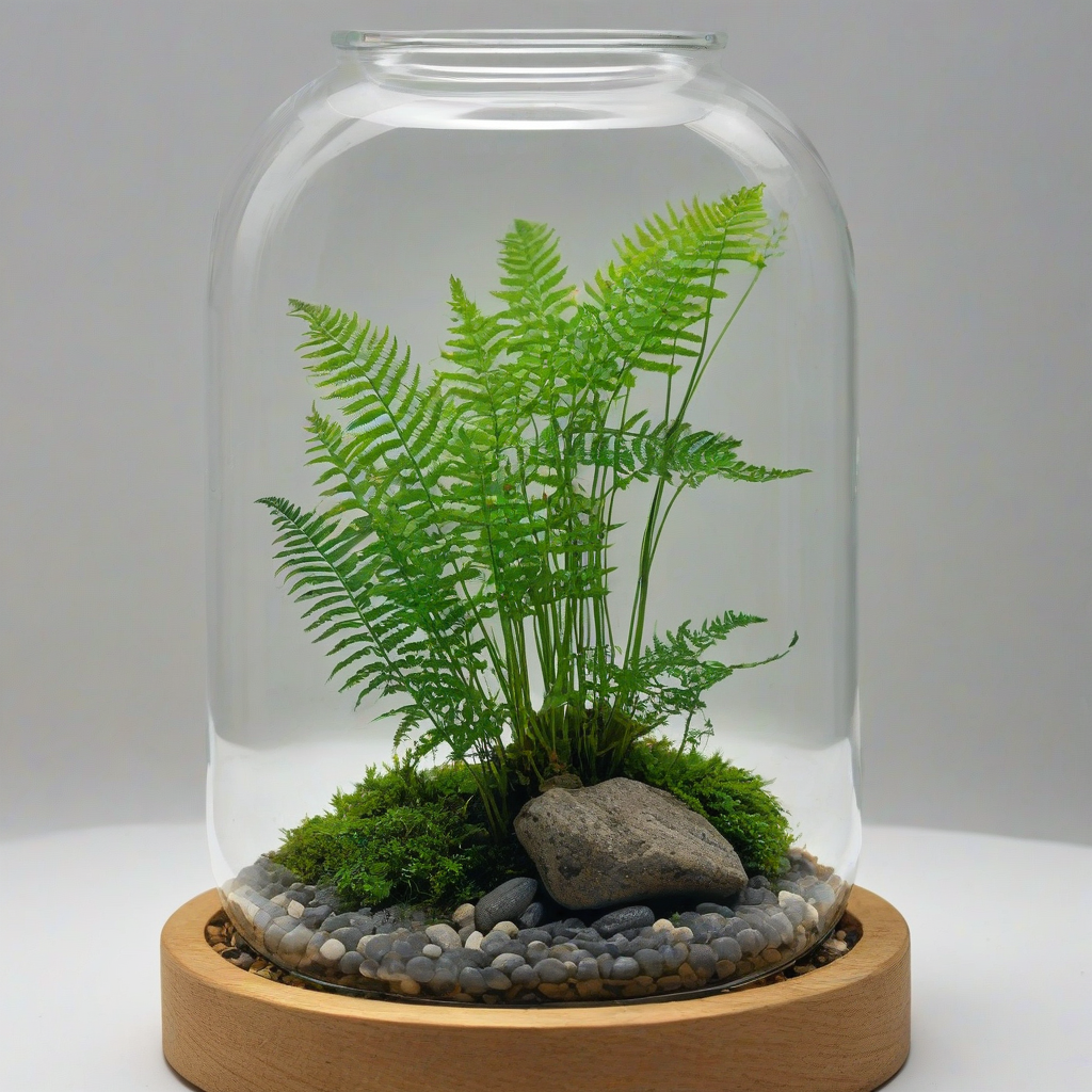 A small, delicate fern plant with bright green leaves and thin stems, placed inside a clear glass terrarium with a wide mouth and a rounded body, filled with a layer of small rocks and a thin layer of moss, on a plain white background, in a full-body view, with the terrarium standing on a small, white pedestal, and the plant taking up most of the space inside the terrarium, with soft, natural light shining down on it, with subtle shading and textures, on a plain white background, even lighting