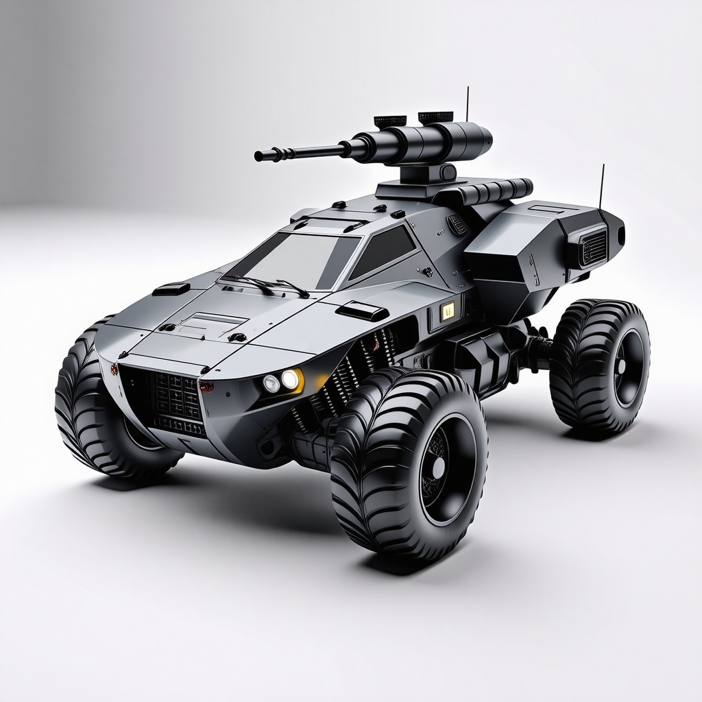 A futuristic combat vehicle with a single spherical wheel, a rocket pod, and a tilted forward chassis, with a rocket pod turret on top, in a wide shot, with a metallic finish, on a plain white background, with dynamic shadows and a hard rim light, in a digital art style with bold lines and vibrant colors, with the single wheel and rocket pod prominently displayed, full-body view, single wheel visible