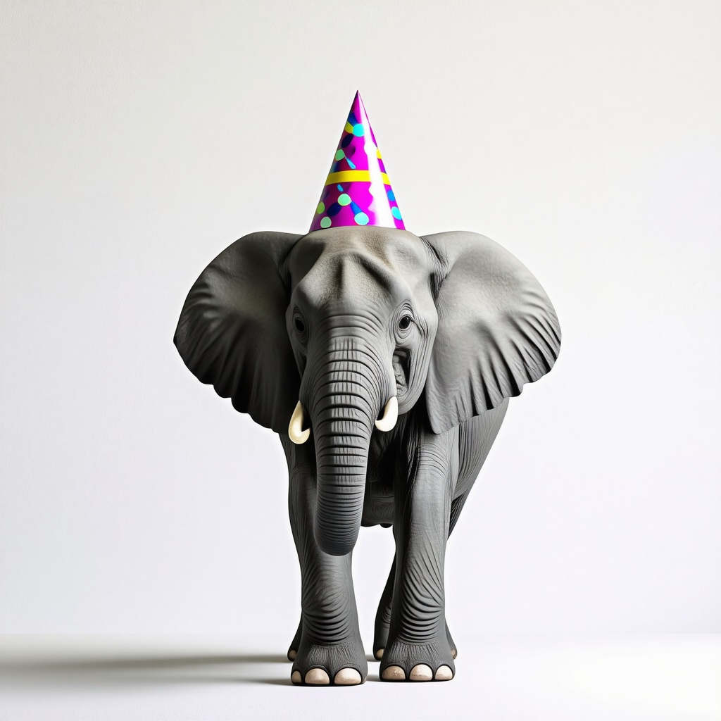 Elephant wearing a party hat