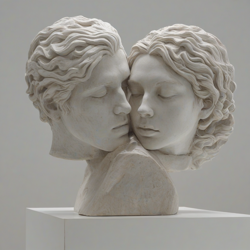 A statue of two human heads with their eyes closed, facing each other and resting their foreheads against each other in a loving way, in a wide shot, full-body view, with the entire sculpture visible, on a plain white background, with soft, warm lighting and gentle shadows, in a realistic, detailed style, with intricate texture and subtle expressions, on a plain white background, even lighting, extremely detailed,