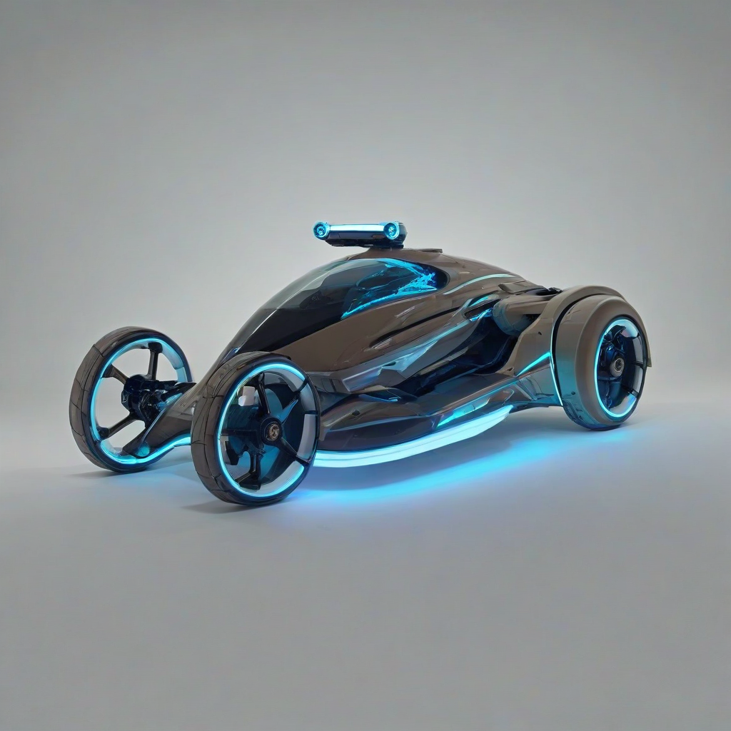 A futuristic, neon-lit, synthwave-inspired transportation device, such as a hoverbike or a high-tech car, with a predominantly khaki color scheme, set against a plain white background, in a wide shot with the device's full body visible, incorporating vibrant, glowing accents and dynamic lighting effects, with a sense of speed and movement, on a plain white background, even lighting