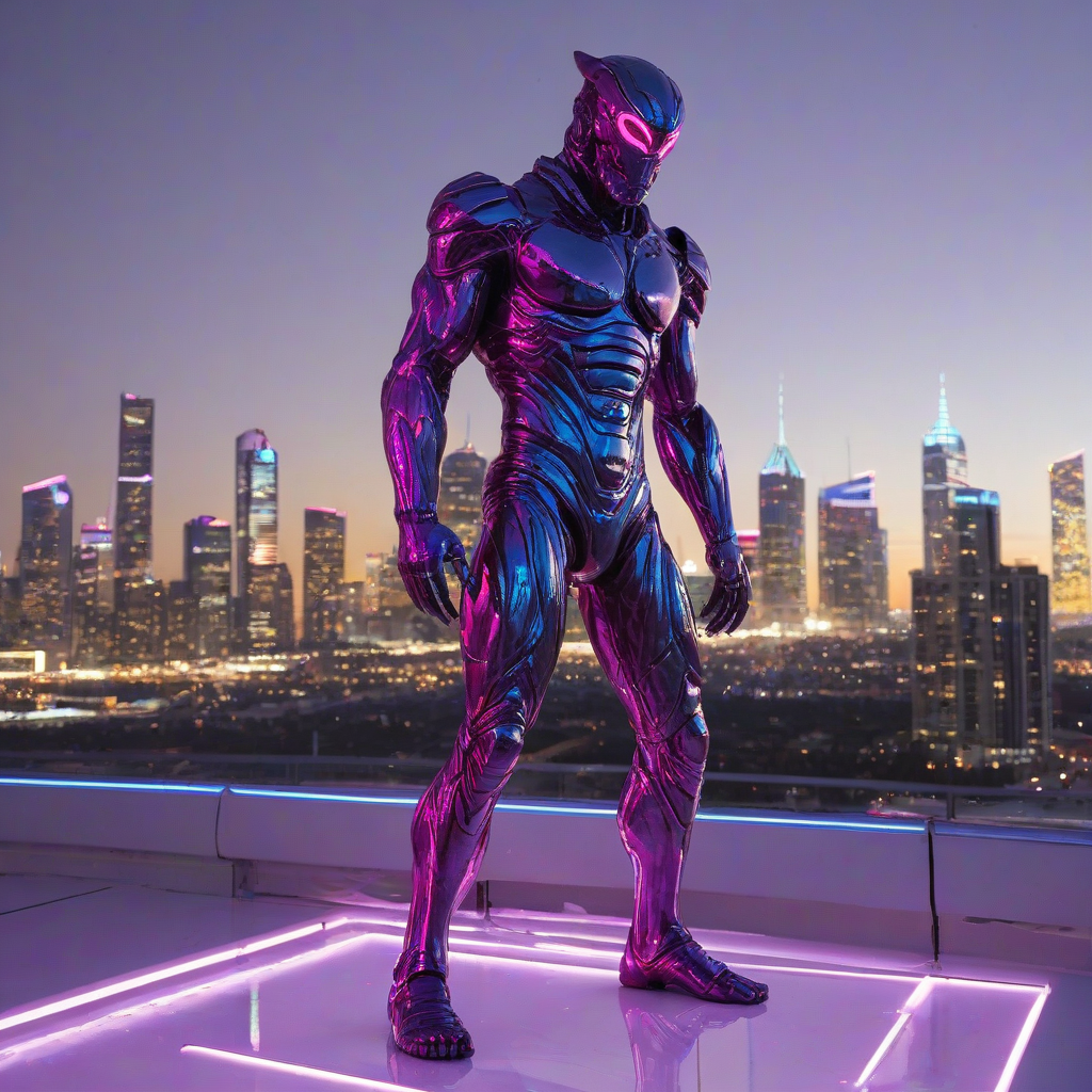 A bronze monster, full-body view, with a synthwave aesthetic, wide shot, on a plain white background, with vibrant neon lights reflecting off its metallic surface, and a cityscape at dusk in the background, on a plain white background, even lighting