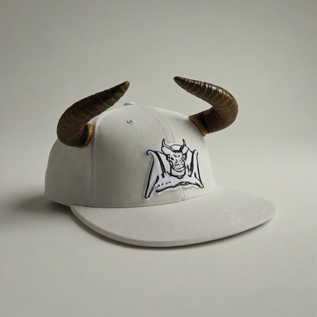 baseball hat with bull horns on it, on a plain white background, even lighting