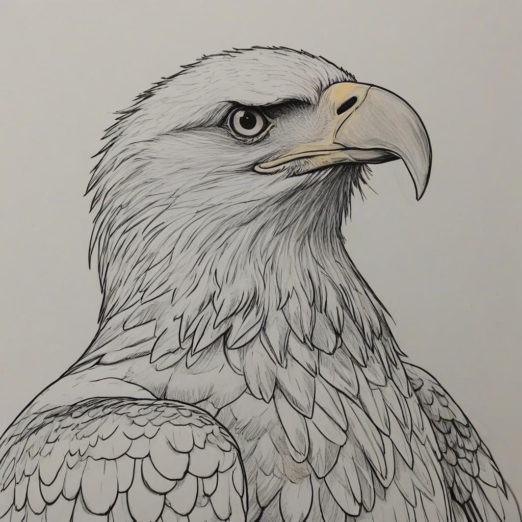 Cartoon with anime influence drawing of a bald eagle, on a plain white background, even lighting