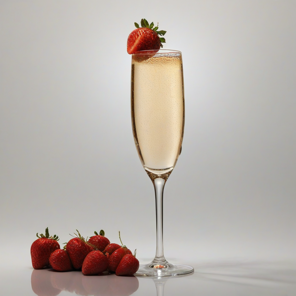A delicate, crystal clear fluted glass of champagne, filled to the brim with bubbly champagne, garnished with a single, plump, fresh strawberry, sliced in half and submerged in the champagne, on a plain white background, wide shot, with the glass and strawberry in full view, under soft, warm lighting, in a digital art style, with intricate details and textures, on a plain white background, even lighting 