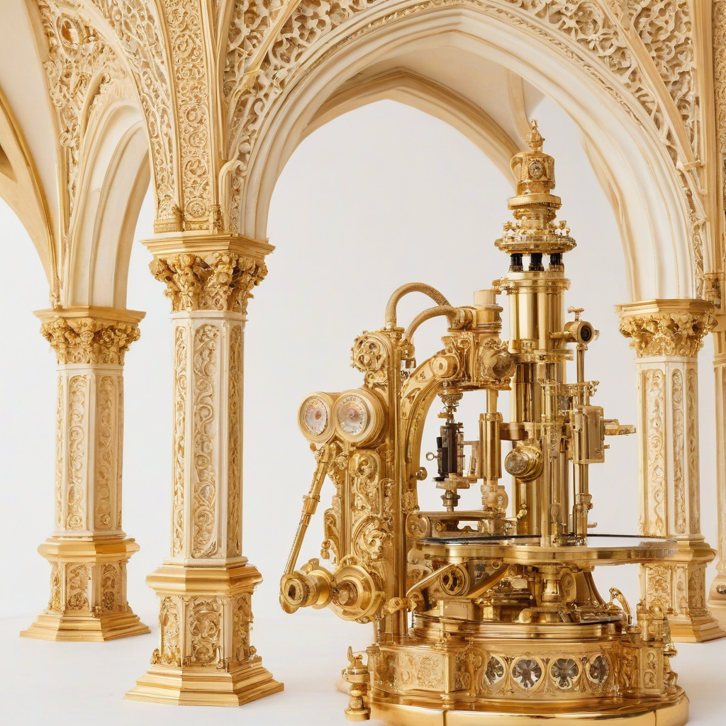 A vintage, gold-plated, scientific equipment, such as a microscope or telescope, with intricate Gothic architectural details, including arches and gargoyles, in a wide shot, with the entire equipment visible, on a plain white background, with a warm, soft lighting and a slight glow effect to emphasize the gold plating, on a plain white background, even lighting 
