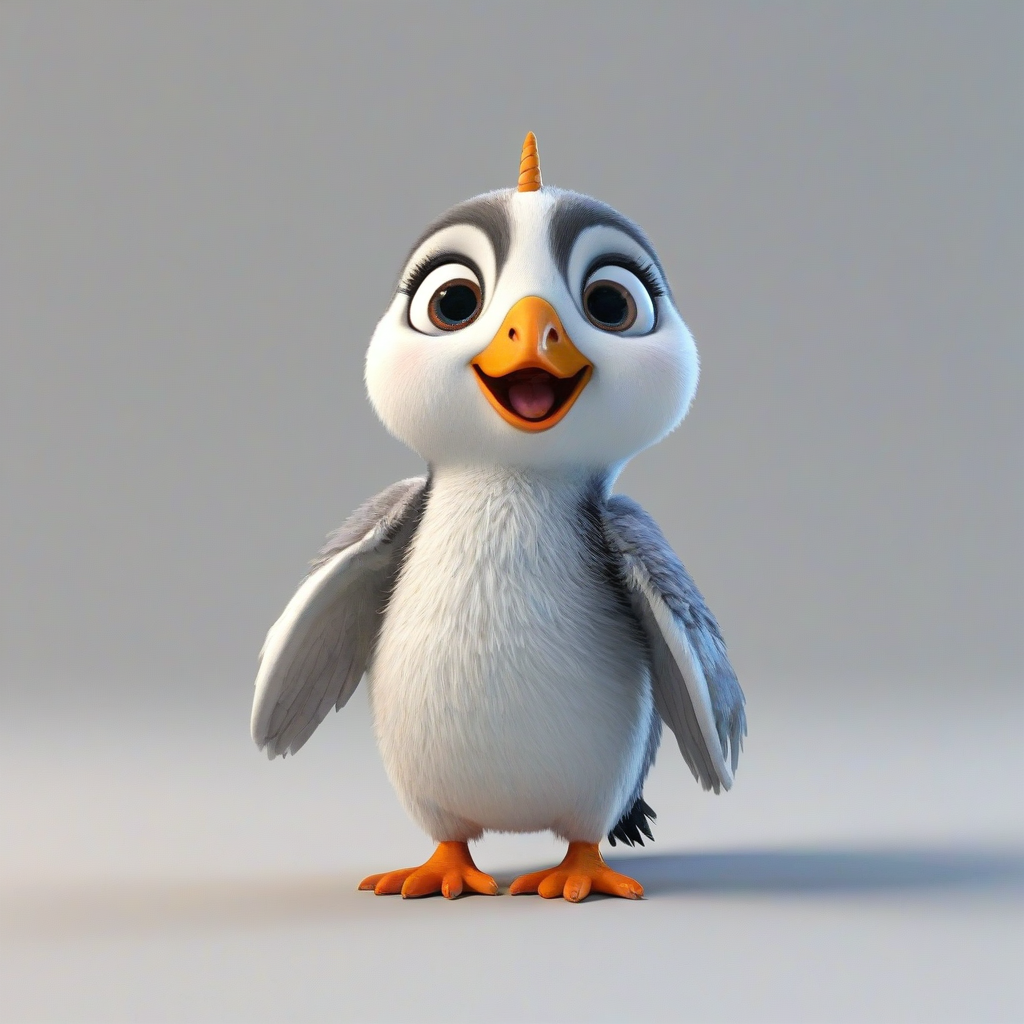 3d cartoon animation, mix of a baby puffin and a baby unicorn, bright and vivid colors, large eyes, short body, round features, tiny nose, tiny feet, cute, happy expression on its face, only one in the shot, full body visible, on a plain white background, even lighting