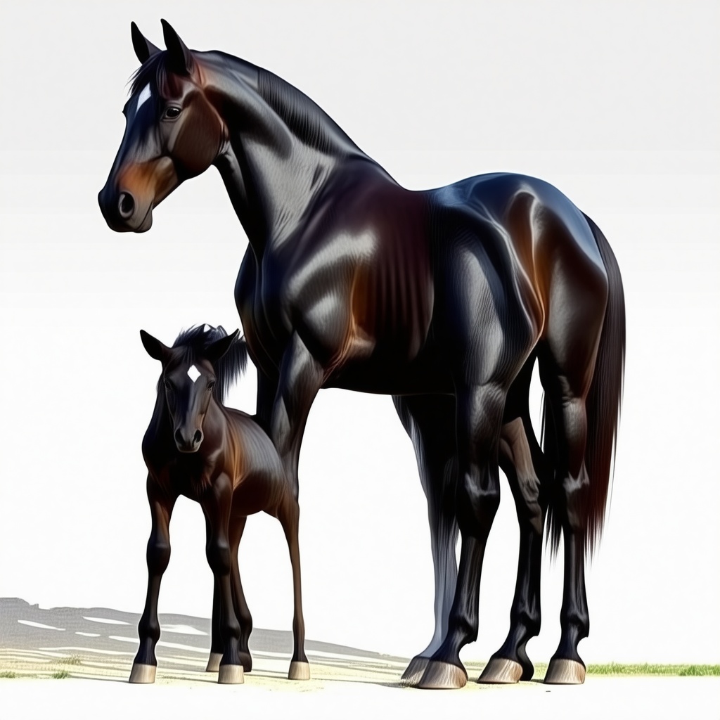 Black horse standing, with a black baby horse standing next to the bigger one