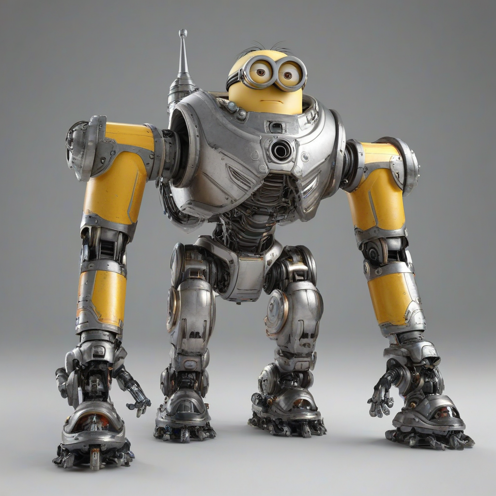 A full-body view of a Minion character from the Despicable Me franchise wearing a large, metallic mech suit with bright, shiny armor, two large cannons mounted on the arms, a clear cockpit, standing on a plain white background with a wide-angle shot, photorealistic style, with dynamic shadows and a hard rim light, the Minion's face visible through the cockpit with a happy expression, and the mech suit's arms are shorter so they don't touch the ground.