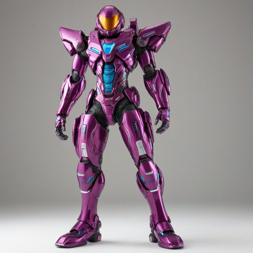 A full-body view of a plum-colored mech suit, with a cartoon style, standing on a plain white background, with bright, vibrant colors and bold lines, and a wide-angle shot to capture the entire suit, with dynamic shadows and a hard rim light to accentuate its metallic surfaces