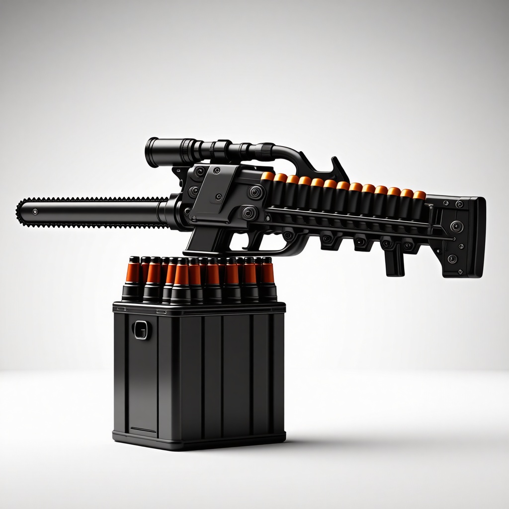A futuristic chainsaw with a grenade launcher barrel instead of a saw blade, attached to a belt of vertically stacked grenades fed from a large box magazine underneath, on a plain white background, in a wide shot with the entire device visible, with a metallic finish and a sense of ruggedness, in a digital art style with bold lines and vibrant colors