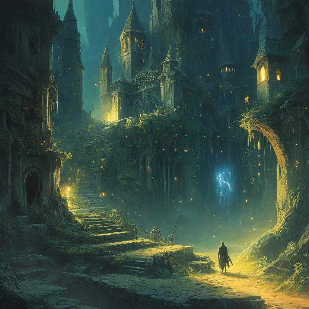 Marc Simonetti style fantasy scene with glowing magic wisps at night