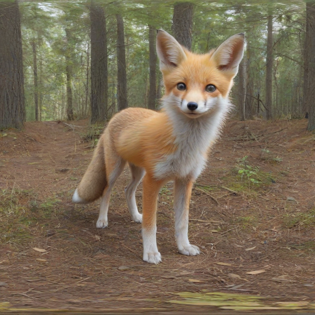 A full-body view of a baby fox with orange and white fur, standing in a forest , with a wide-angle shot and soft, natural lighting, in a digital art style with bold lines and vibrant colors, and the fox's feet and tail are visible