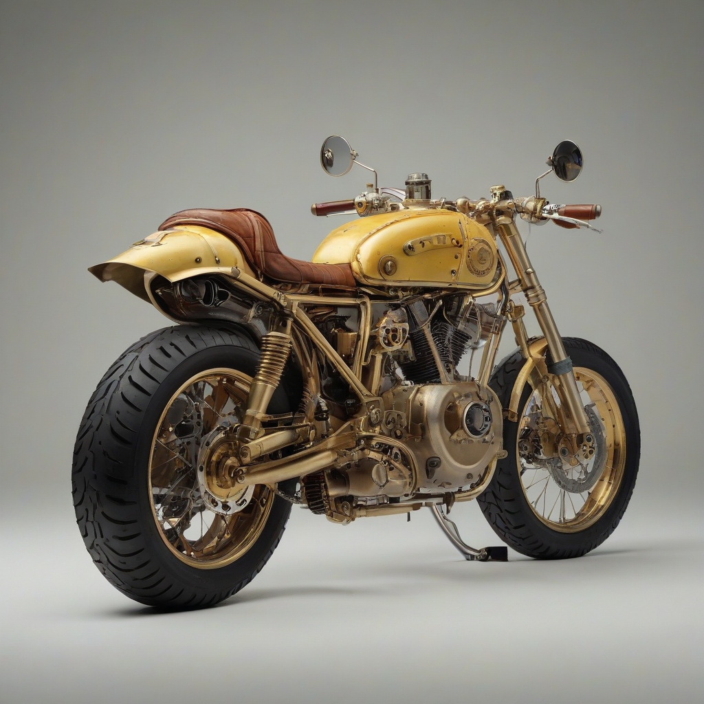 A detailed, full-body view of a vintage, yellow, diesel-powered, steampunk-inspired motorcycle with brass accents and a leather seat, set against a plain white background, with a wide shot and the motorcycle's wheels and exhaust pipe clearly visible, in the style of a highly detailed, digital illustration with dynamic shadows and a sense of movement, on a plain white background, even lighting, on a plain white background, even lighting 