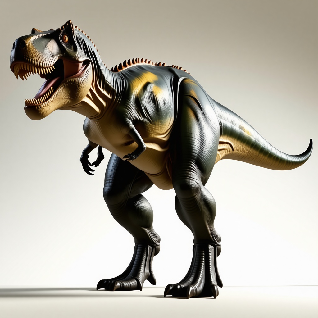 A large, full-body view of a Tyrannosaurus Rex, with scaly skin and sharp teeth, standing on a plain white background, with a wide shot and feet visible, in a digital art style with dynamic shadows and a hard rim light