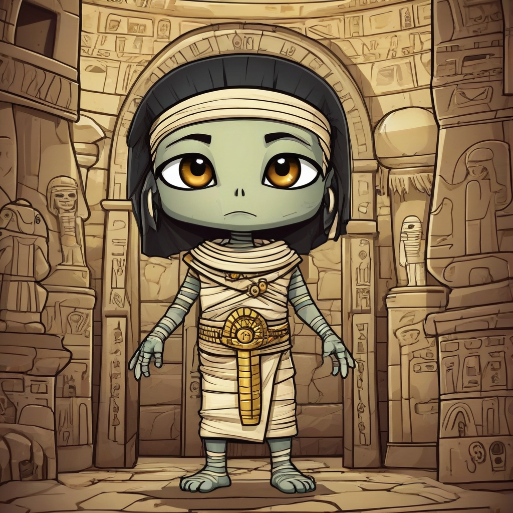 Chibi cartoon mummy in Egyptian tomb