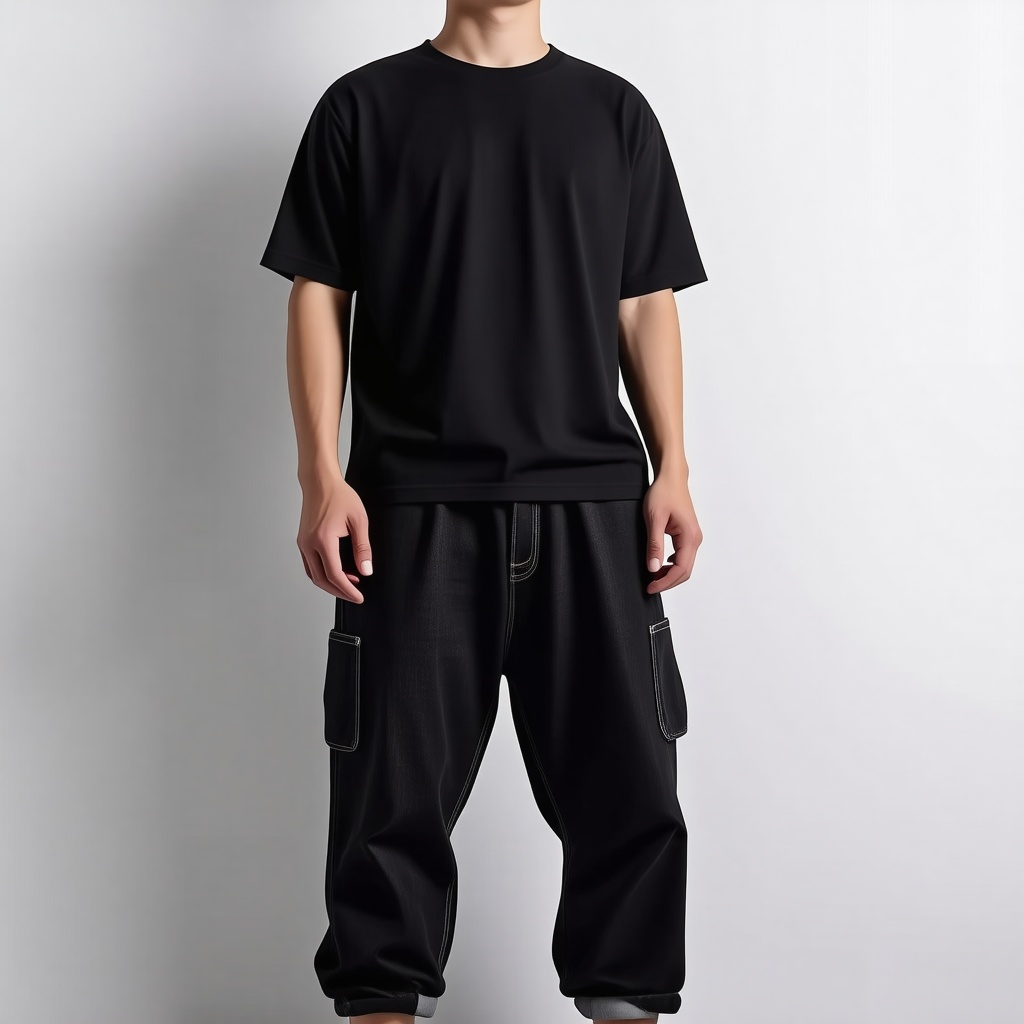 A mannequin wearing a baggy black T-shirt and baggy denim pants. The mannequin has one hand resting on its hip and the other arm hangs by its side