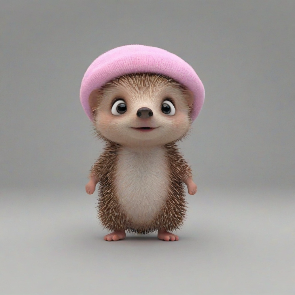 3d cartoon animation style, cute baby hedgehog, large eyes, small nose, small feet, short body, rounded features, happy expression on its face, wearing a pink beret, wide angle shot, full body visible, on a plain white background, even lighting
