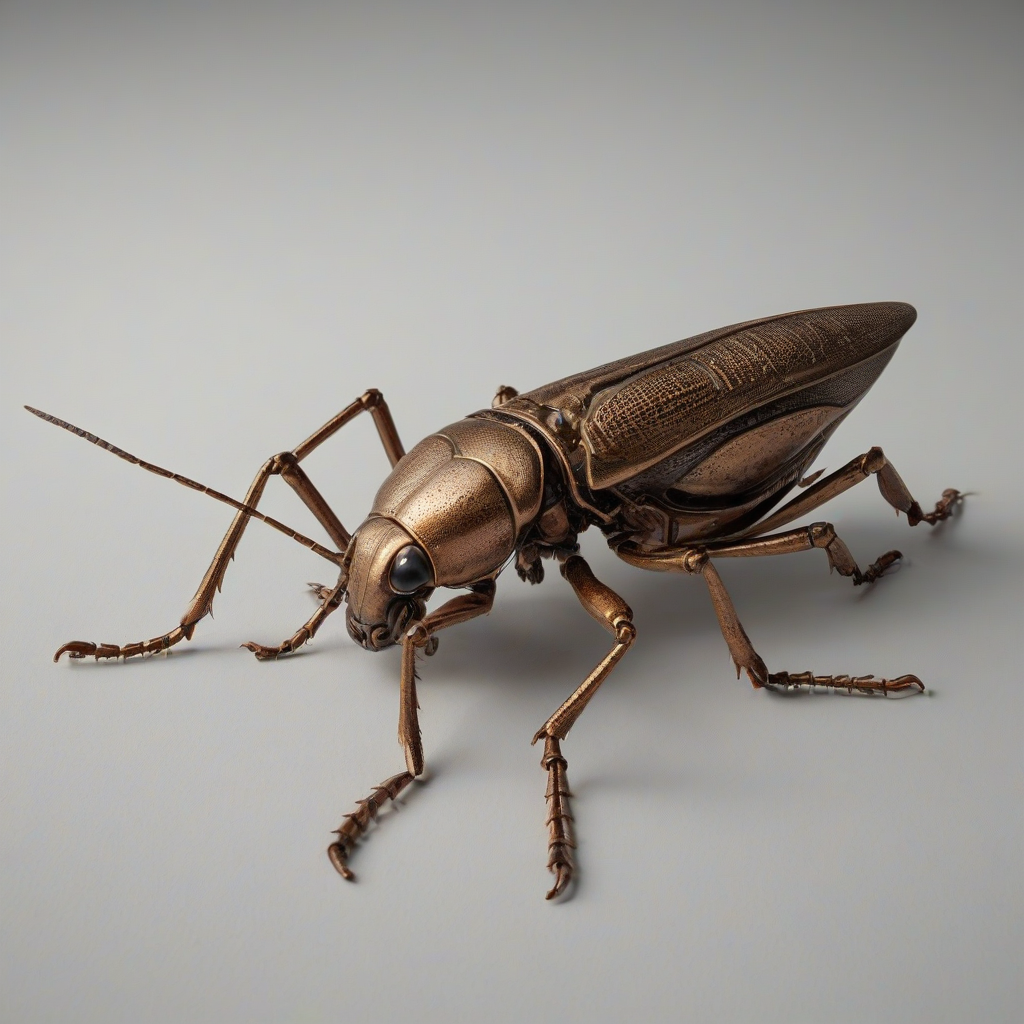 A highly detailed, realistic bronze-colored insect, such as a beetle or a grasshopper, with a full-body view and its feet visible, on a plain white background, with a wide-angle shot and soft, natural lighting, in a realistic art style with intricate textures and patterns, on a plain white background, even lighting, on a plain white background, even lighting 