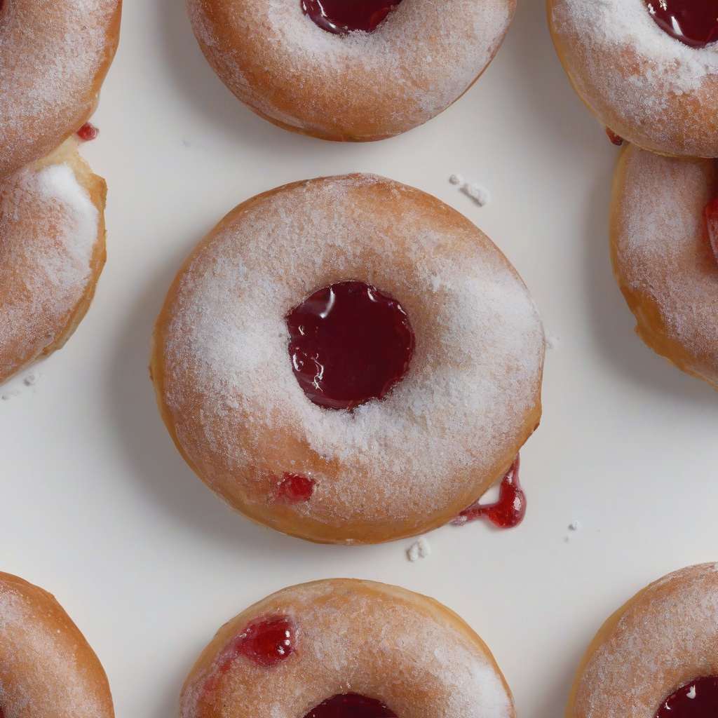 A side view of a delicious jelly filled donut with no hole in the center, red jelly oozing out of a small tear on the side, and covered in a thick layer of powdered sugar on top, on a plain white background, in a wide shot, with the donut's height visible, in a digital art style with a focus on realism, on a plain white background, even lighting