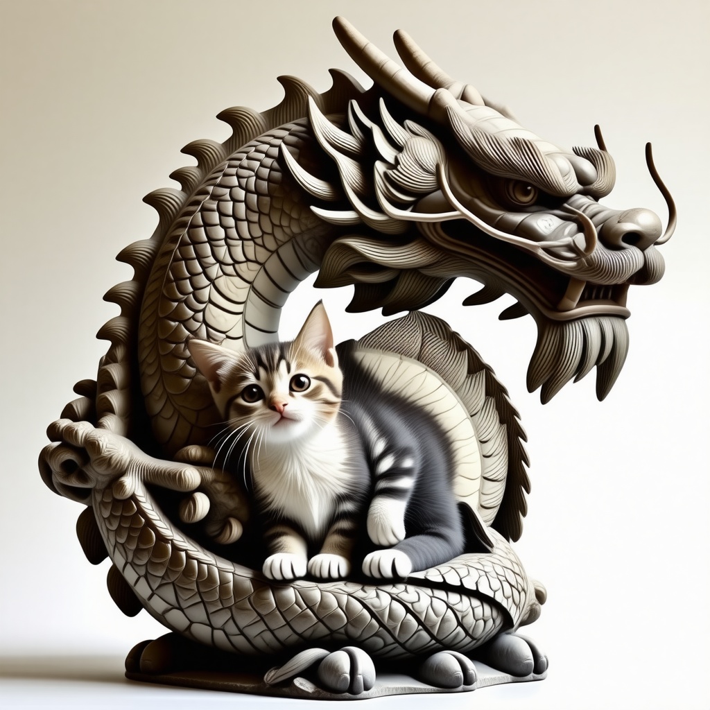 A Greek statue of a Chinese dragon snuggling a small kitten