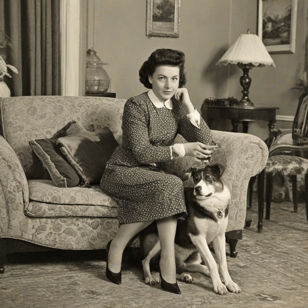 Retro photography of a woman and her dog, sitting in a living room