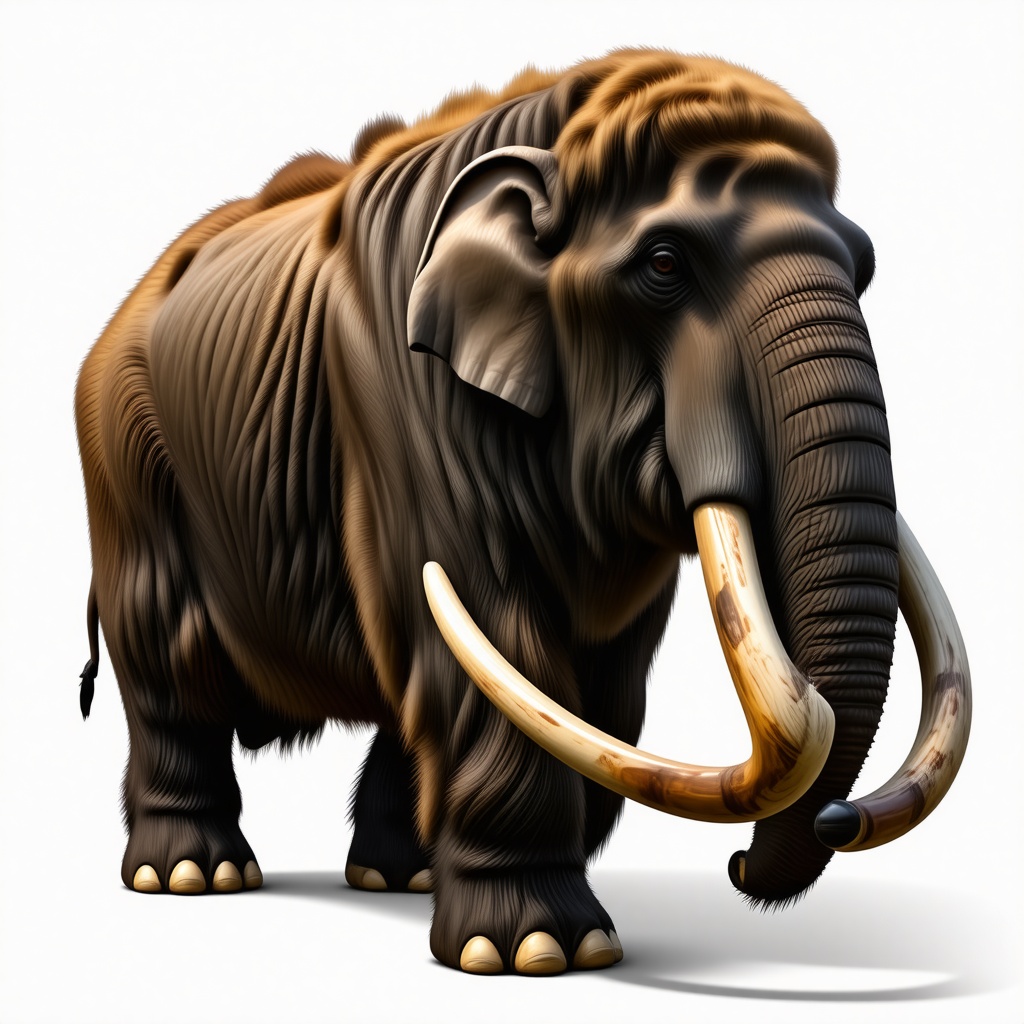 A wooly mammoth covered with dense brown fur and it has long curled tusks