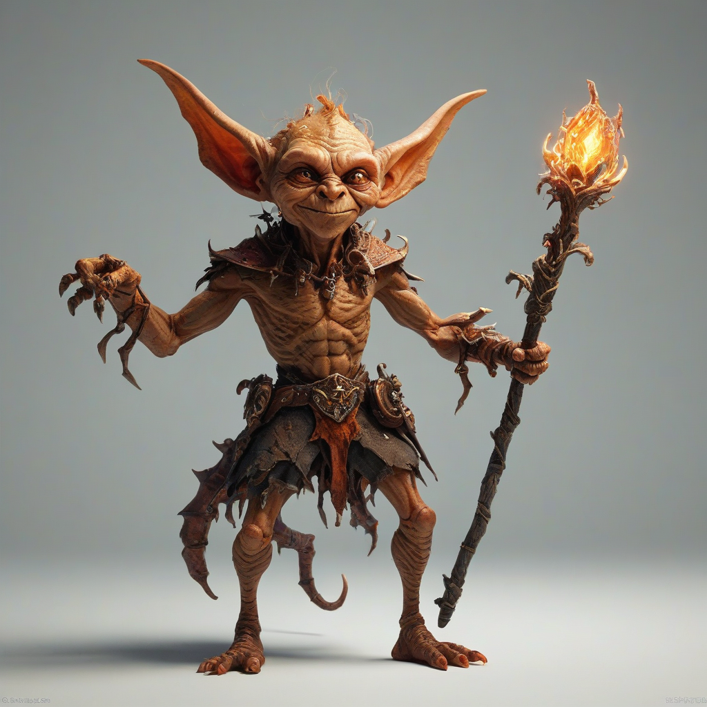 A majestic, full-body view of a fantasy Goblin, burnt orange coloring, set against a plain white background, in a wide shot, with soft, warm lighting and dynamic shadows, in the style of digital art, with intricate details and textures, and a sense of wonder and magic, on a plain white background, even lighting